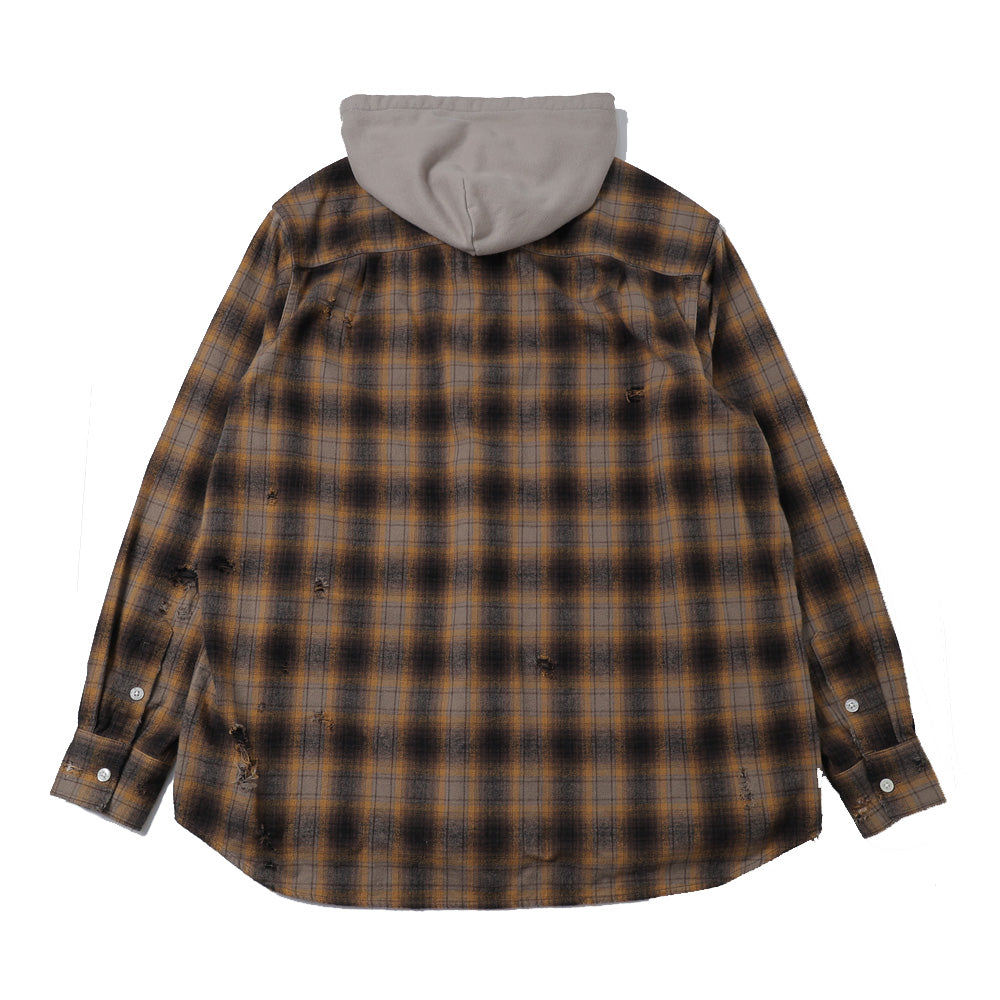 Distressed Hooded Check Shirts (BROWN)