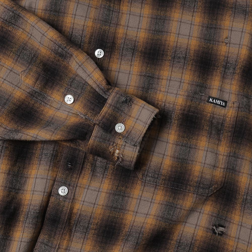 Distressed Hooded Check Shirts (BROWN)