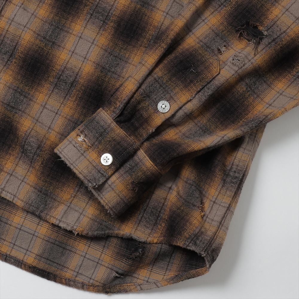 Distressed Hooded Check Shirts (BROWN)