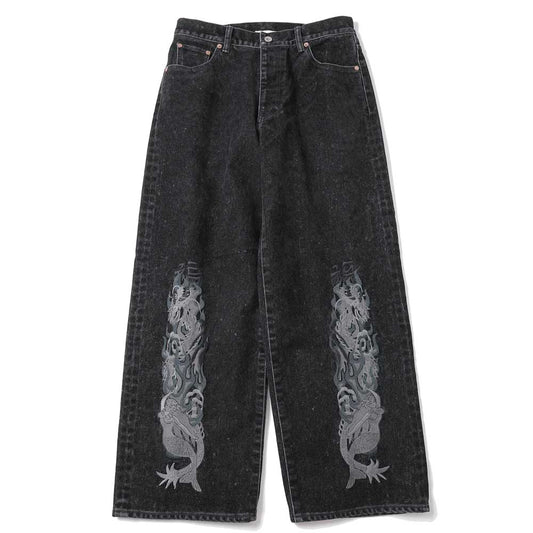 FLOCKED DEINM EMBROIDERED PANTS