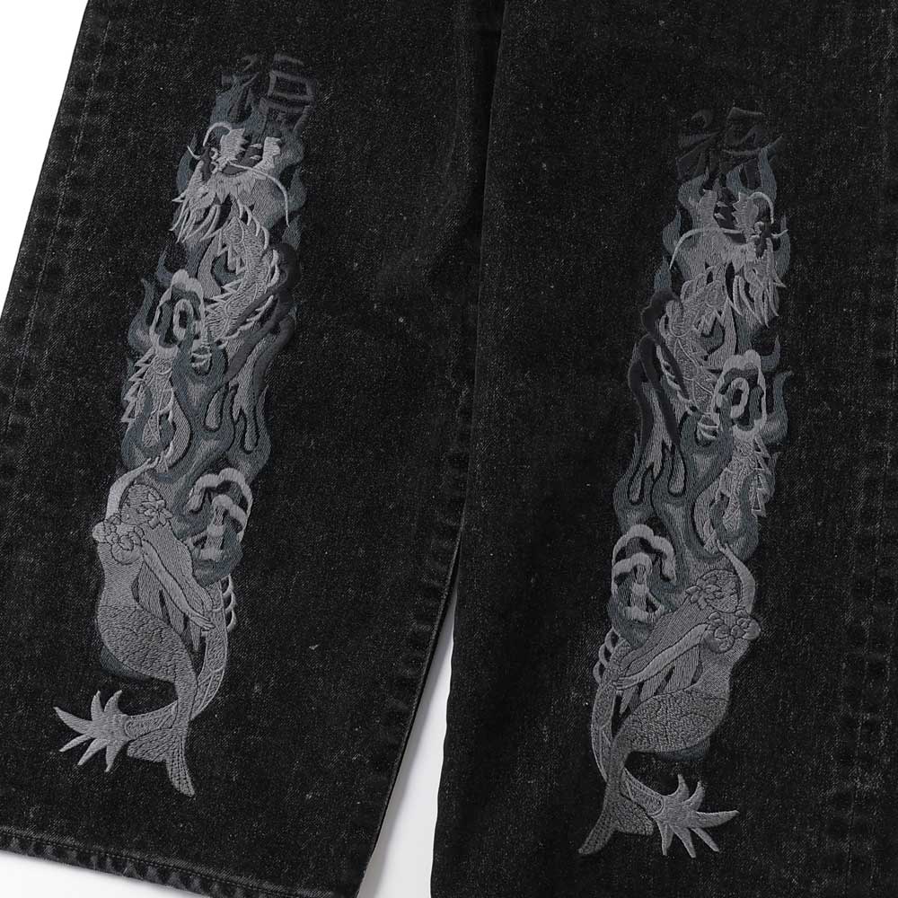 FLOCKED DEINM EMBROIDERED PANTS