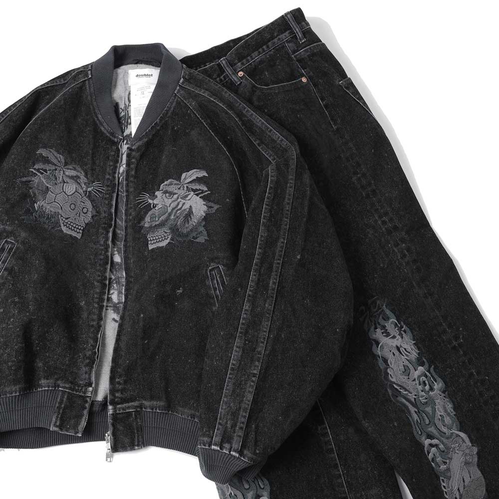 FLOCKED DEINM EMBROIDERED PANTS