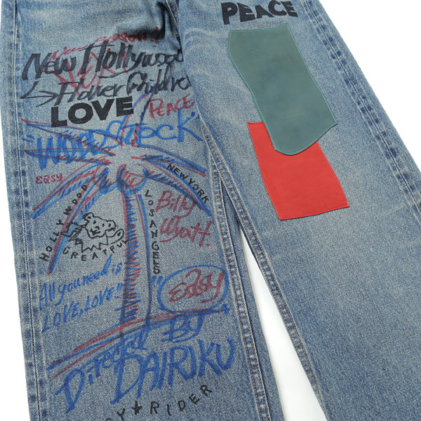 Leather Patch & Hand Paint Denim Pants