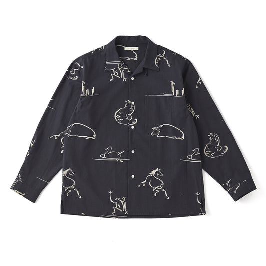 ORIGINAL PRINTED OPEN COLLAR SHIRTS (Animal Drawing) Long-sleeve