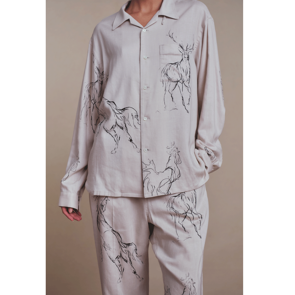 Original Print Open Collar Shirt (Animal Drawing) Long-Sleeve
