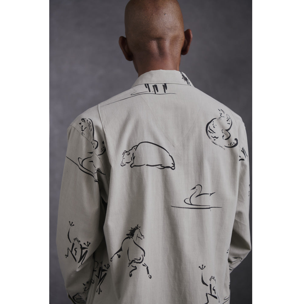 ORIGINAL PRINTED OPEN COLLAR SHIRTS (Animal Drawing) Long-sleeve