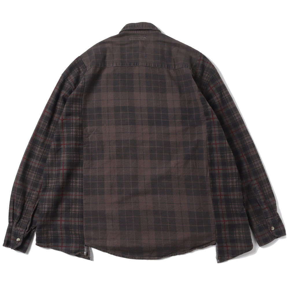 Flannel Shirt -&gt; Ribbon Wide Shirt / Over Dye(BROWN-1)