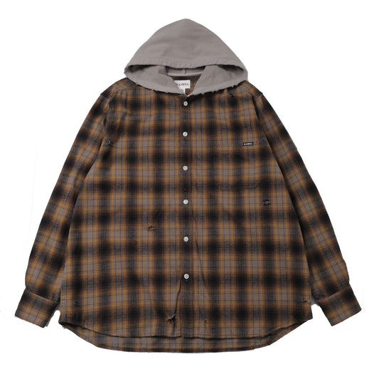 Distressed Hooded Check Shirts (BROWN)