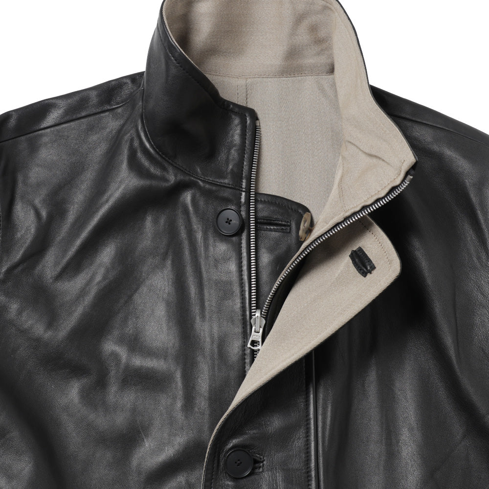 REVERSIBLE WOOL TWISTED TWILL/ SHEEP LEATHER HALF COAT