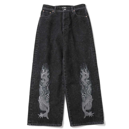 FLOCKED DEINM EMBROIDERED PANTS