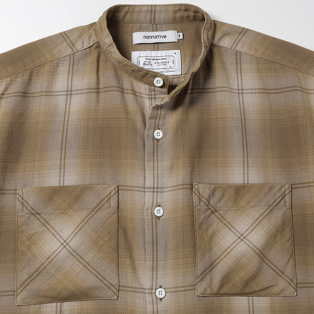 Officer Stand Collar Long Sleeve Shirt in Cotton Twill Ombre Check by Rafu 26ssmae