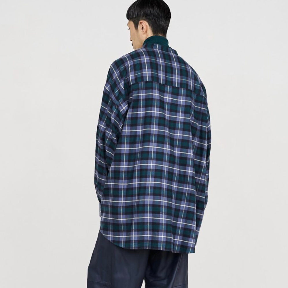 Check Flannel Oversized Band Collar Shirt