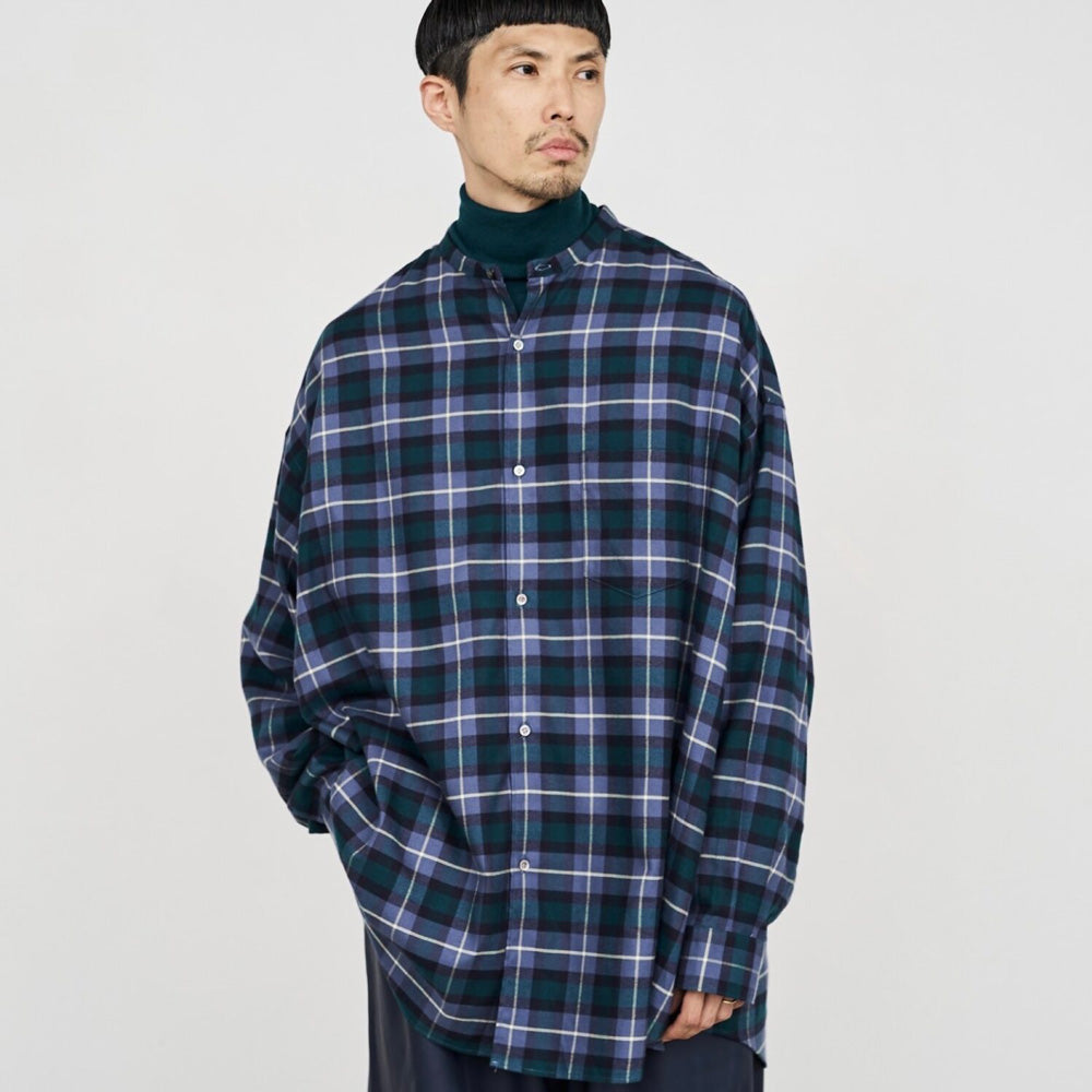 Check Flannel Oversized Band Collar Shirt