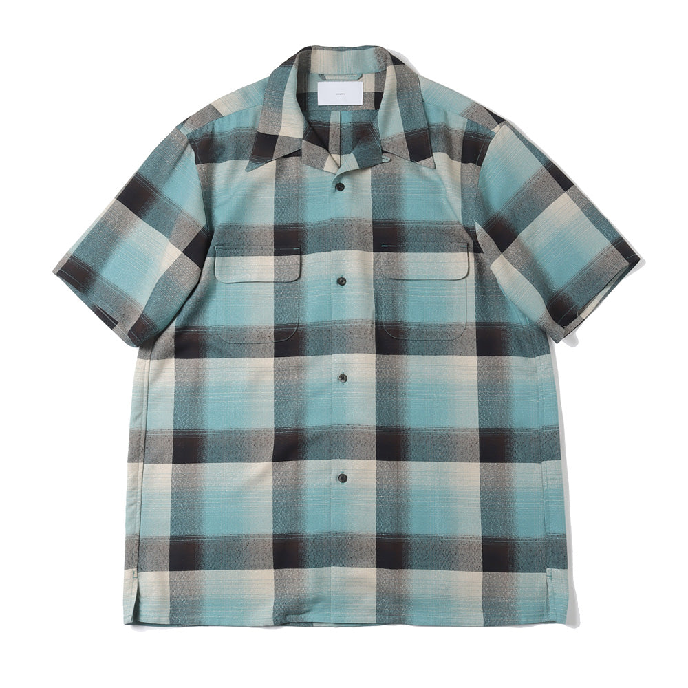 RAYON OMBRE PLAID OPEN COLLAR BLOUSE HALF SLEEVE