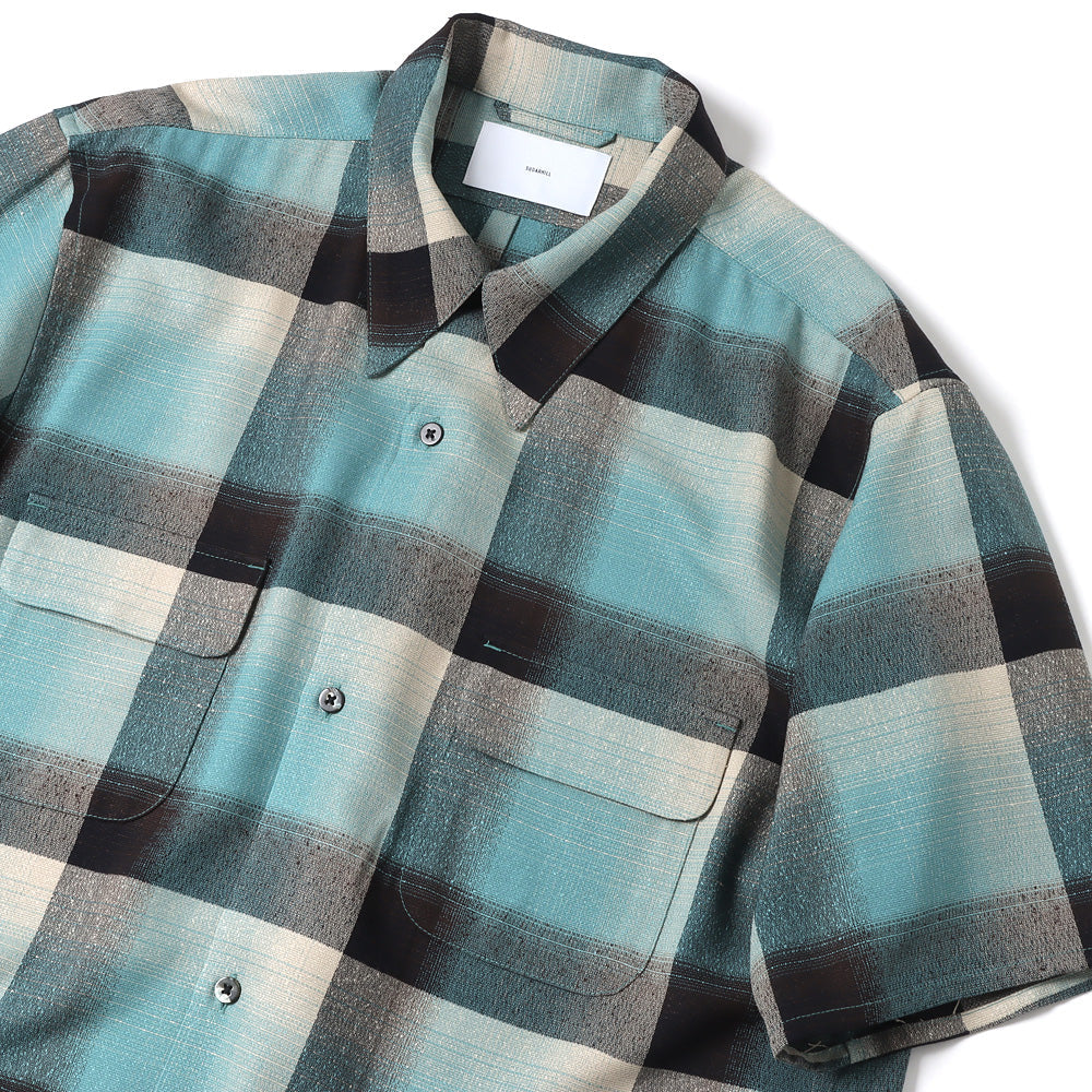 RAYON OMBRE PLAID OPEN COLLAR BLOUSE HALF SLEEVE