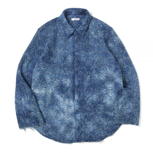 CROCHET KNIT L/S SHIRTS - hand-dyed indigo -